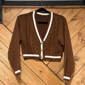 Brown and White Cable Knit Cropped Cardigan Sweater Small Love Tree